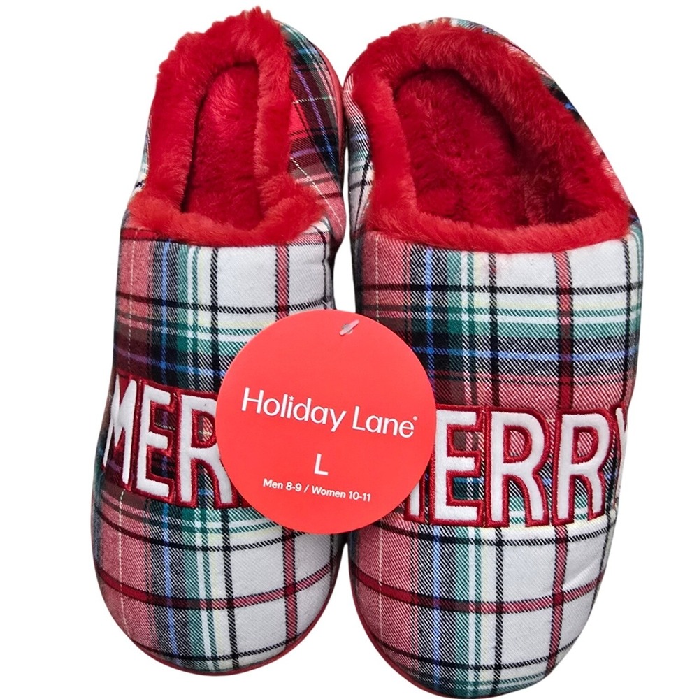 Holiday Lane Merry Plaid Slippers Red Faux Fur Trim Christmas Scuff L 10-11